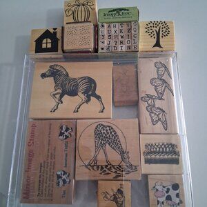 Stampin' Up! Wood Mounted Stamps 13 pcs Mirror Image Stamp, Alphabet, Background